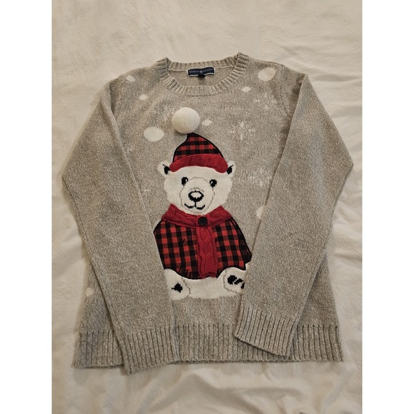 Karen Scott Sweaters - Karen‎ Scott Polar Bear Sweater Women S Grey Plaid Hat 3D Pom Pom Holiday